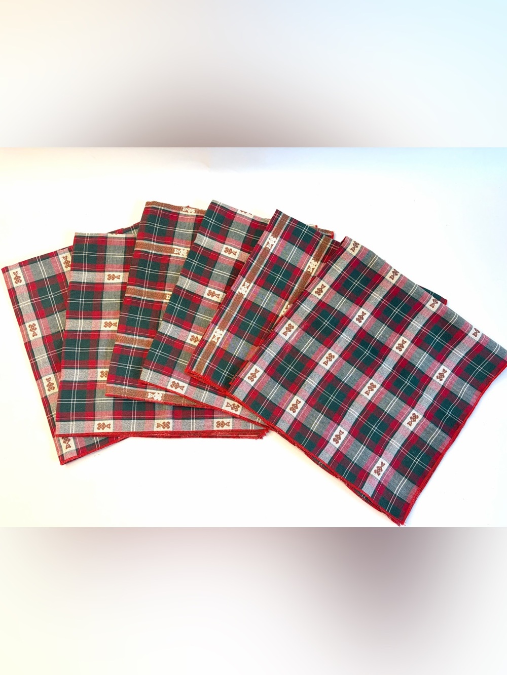VTG Now Designs Christmas Plaid Cloth Napkins Set of 6 Teddy Bear Embroidered